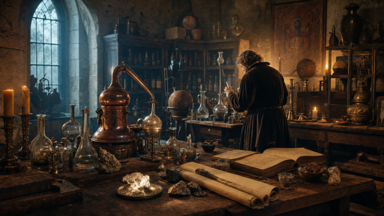 Laboratorio de alquimia renacentista con alambique, retortas de cobre y manuscritos antiguos
