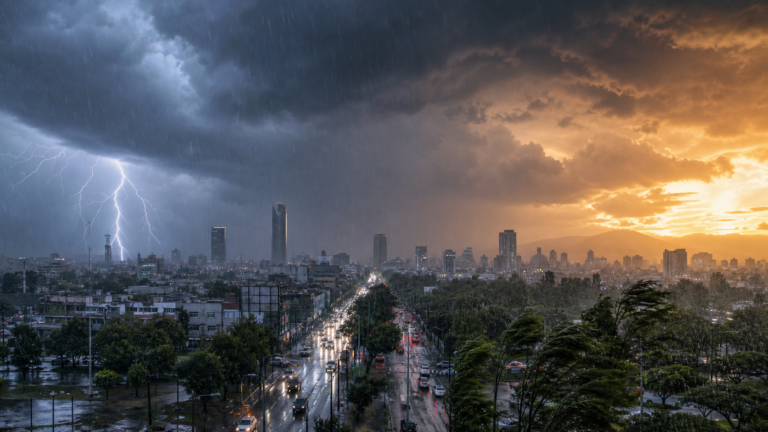 Tormenta intensa sobre la Ciudad de México con lluvia, viento y cielo de alto contraste térmico