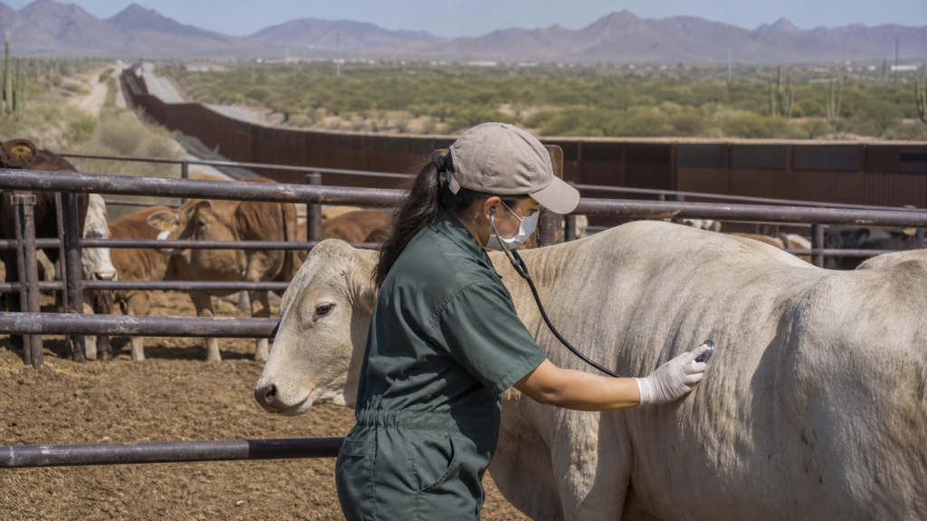 Ganado en corral de inspección junto a personal veterinario y una frontera desértica en Sonora.